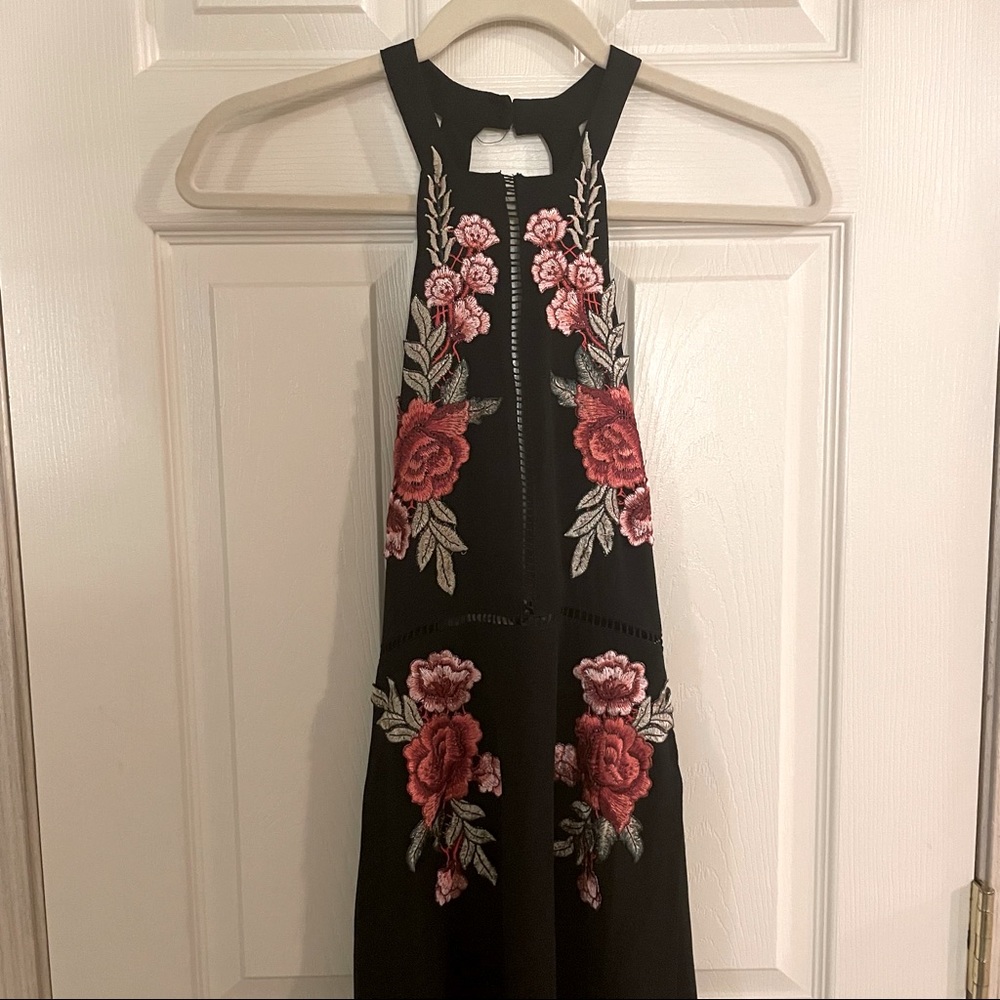 Black floral embroidered open back halter dress
